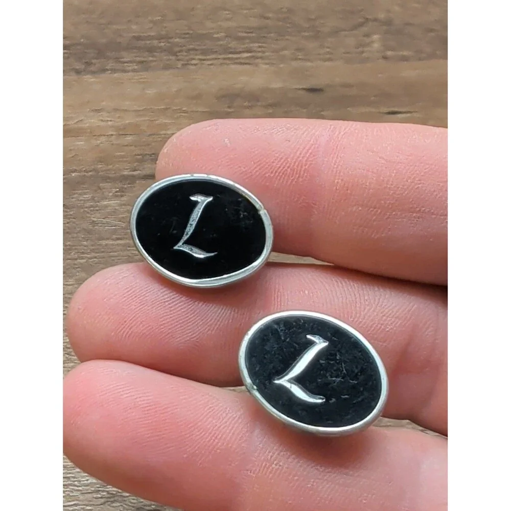 Vintage Silver Black Initial L Typewriter Key Style Oval Mens Cufflinks Retro